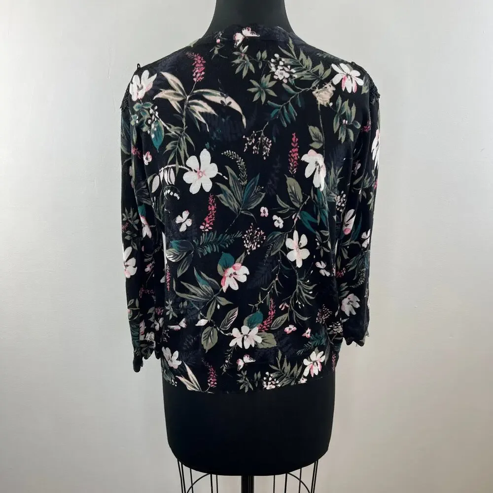 KATE SPADE Botanical Pima Cotton 3/4 Sleeve Lace Accent Knit Cardigan Size S